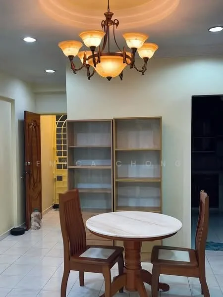 Dining features: round wooden dining table, 2 wooden dining chairs, chandelier with multiple lights, white painted walls, tile flooring, built-in wooden shelving, doorway leading to another room, recessed ceiling lights; style: modern.