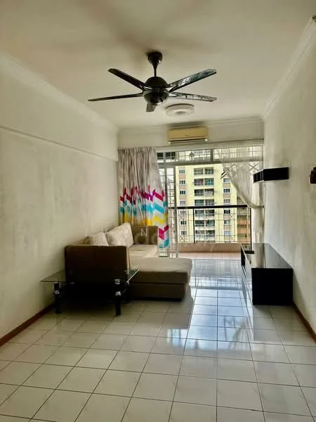 Living features: white painted walls, glossy tile flooring, 5-blade ceiling fan, floor-to-ceiling windows, sliding glass door, sheer curtains, sofa with cushions, glass coffee table, TV console, decorative wall shelf; style: modern; view: city.