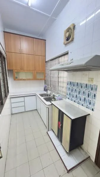 Kitchen features: white tiled walls, light grey tiled flooring, wooden upper cabinets in light brown, white lower cabinets, single-bowl stainless-steel sink, chrome pull-down faucet, white countertop, blue and white patterned backsplash, exhaust hood, window with metal grille, wall-mounted fan; style: modern.