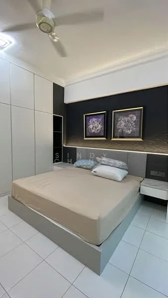 Bedroom features: queen-size bed, upholstered headboard, two bedside tables, framed artwork on walls, white tiled flooring, built-in wardrobe with sliding doors, recessed ceiling lights, ceiling fan, black accent wall; style: modern.