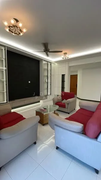 Living features: 2-seater fabric sofa in grey, 2-seater fabric sofa in red, glass coffee table, wall-mounted TV unit with storage, black accent wall, recessed LED downlights, ceiling fan, white tiled flooring, decorative ceiling light; style: modern.