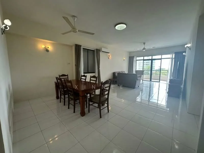 Living features: white painted walls, glossy white tile flooring, 5-blade ceiling fan, recessed downlights, floor-to-ceiling windows, curtains, dining table with 8 chairs, sofa, coffee table; style: modern; view: city.