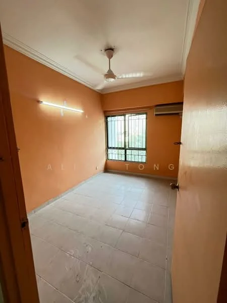Room features: orange painted walls, plain ceiling, ceiling fan, window with metal grille, wall-mounted air conditioning unit, tile flooring, light fixture, door with knob.