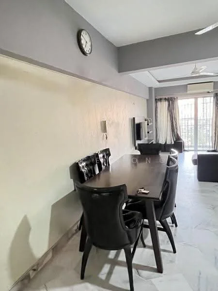 Dining features: round dining table, 4 black upholstered dining chairs, wall clock, light grey painted walls, marble flooring, floor-to-ceiling windows, sheer curtains, ceiling fan; style: modern. Living features: black sofa, TV console, wall-mounted TV; style: modern.