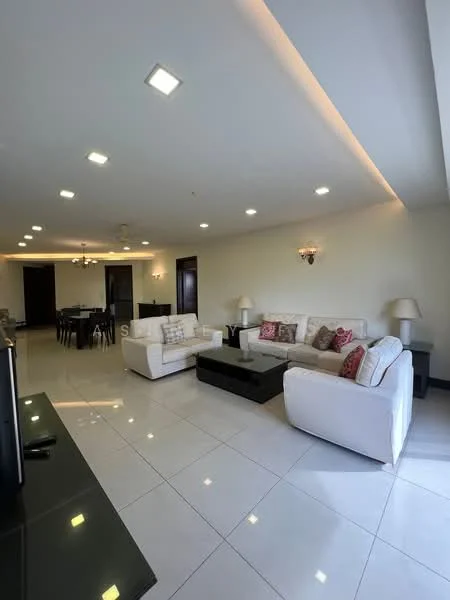 Living features: white fabric 3-seater sofa, white fabric 2-seater sofa, black coffee table, decorative cushions in red and pink, recessed LED downlights, ceiling fan, white tiled flooring, wall-mounted TV console, lampshade table lamps, dining area visible in background, dark wood dining table with chairs; style: modern.