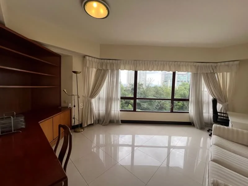 Room features: large floor-to-ceiling windows, white sheer curtains, white walls, marble tile flooring, built-in wooden bookshelf, wooden desk, office chair, sofa with striped upholstery, decorative floor lamp, view of greenery outside; style: modern; view: garden.