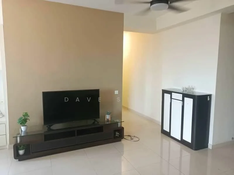 Living features: flat-screen TV on black TV console, glass shelving, cream painted walls, light-colored tiled flooring, ceiling fan, white cabinet with two doors, decorative plants, open layout; style: modern.