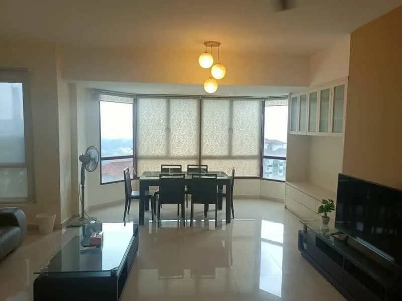 Living features: large bay windows with sheer curtains, white walls, glossy white tile flooring, 3-blade ceiling fan, round pendant light fixture, black coffee table, black TV console, wall-mounted TV, dining table with black chairs, built-in cabinets with glass fronts, sofa in dark color; style: modern; view: city.