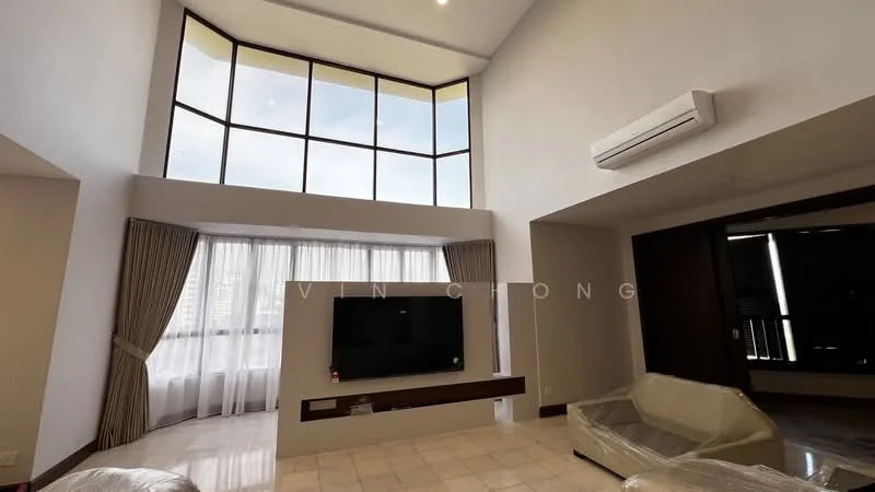 Living features: floor-to-ceiling windows, white sheer curtains, cream painted walls, marble flooring, recessed downlights, wall-mounted TV, TV console, 2-seater fabric sofa in white, 1 air-conditioning unit, high ceiling, decorative wall paneling; style: modern; view: city.