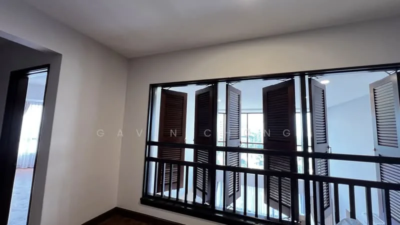 Room features: white painted walls, dark wood railing, shuttered windows, laminate flooring, recessed downlights; style: modern.
