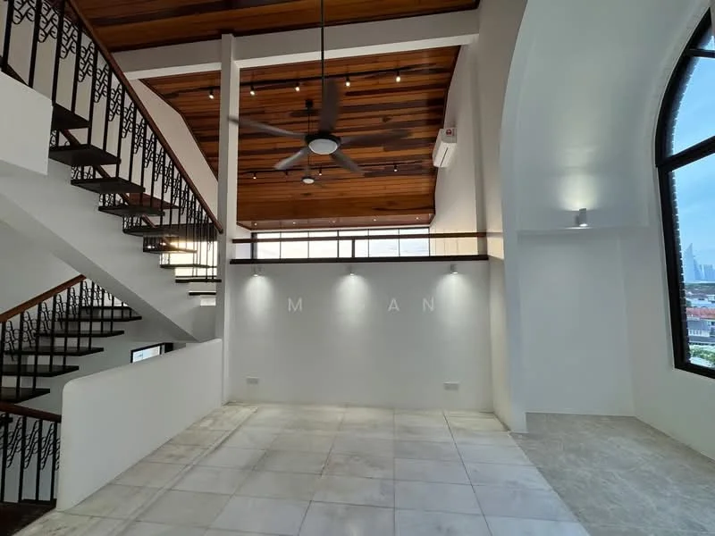 Living features: high ceiling with wooden beams, recessed downlights, 5-blade ceiling fan, large arched windows, white painted walls, marble tile flooring, open layout, staircase with decorative railing; style: modern; view: city.