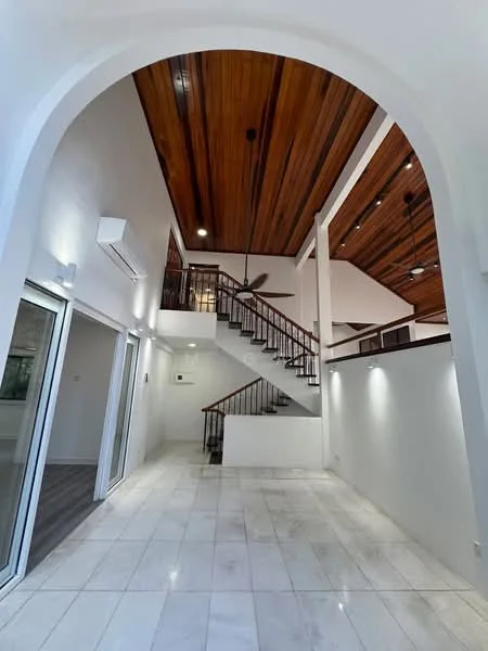 Room features: marble tile flooring, white painted walls, wooden ceiling with exposed beams, staircase with wooden railing, 2 wall-mounted split AC units, recessed LED downlights, pendant lighting, large glass sliding doors, open space layout; style: modern.