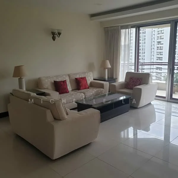 Living features: 3-seater fabric sofa in cream, 2-seater fabric sofa in cream, coffee table in dark wood, 2 bedside lamps with cream shades, floor-to-ceiling windows, sheer curtains, marble tile flooring, decorative cushions in red, wall sconce lighting, balcony access; style: modern; view: city.