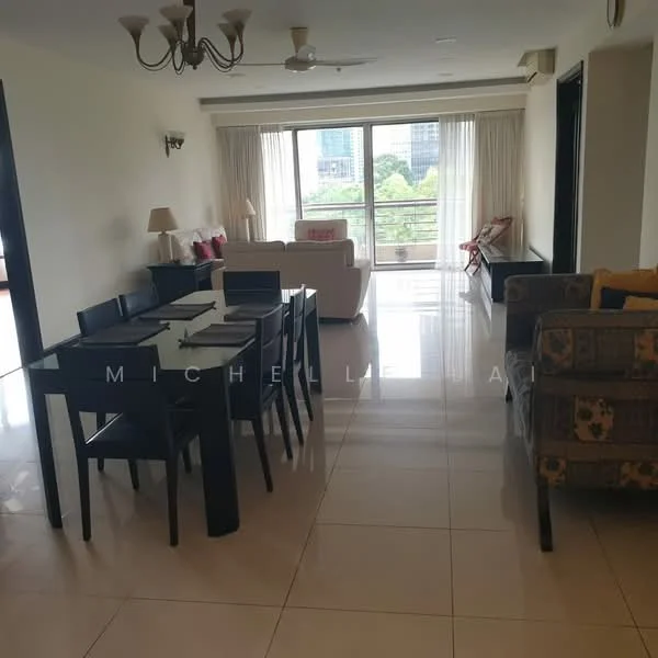 Living features: white painted walls, glossy tile flooring, recessed downlights, 5-blade ceiling fan, large sliding glass door, floor-to-ceiling windows, curtains, sofa in beige, armchair with floral pattern, dining table with 6 black chairs, decorative cushions, coffee table; style: modern; view: garden.