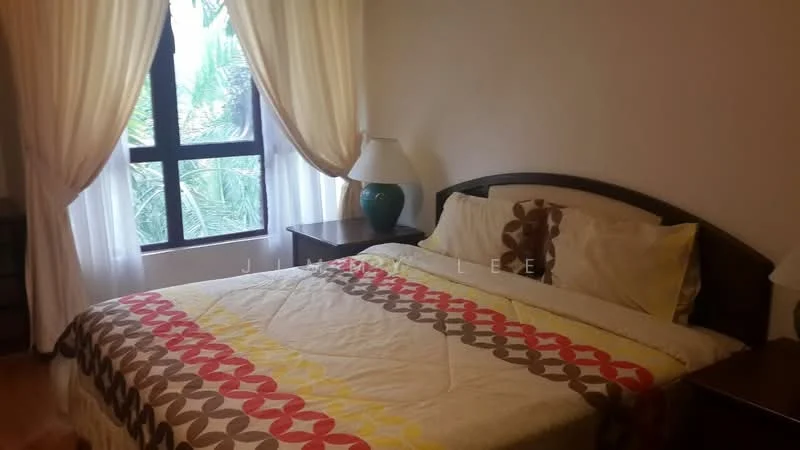 Bedroom features: queen-size bed with patterned bedding, wooden headboard, two bedside tables, table lamps on each bedside table, floor-to-ceiling window, sheer curtains, wooden flooring, decorative wall art; view: garden.