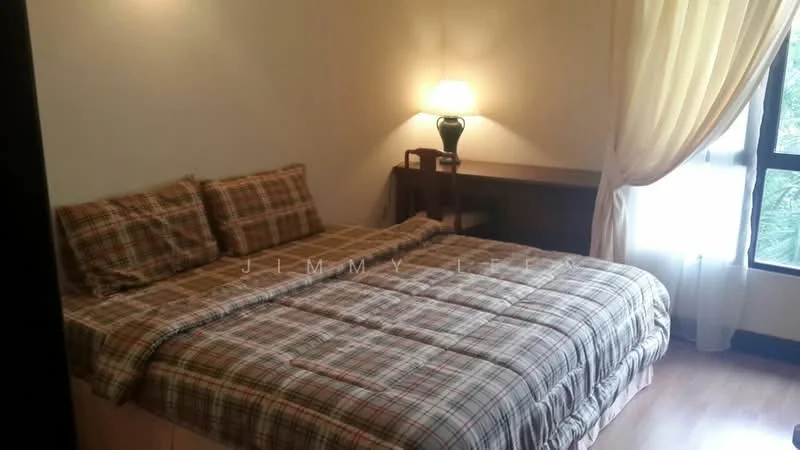 Bedroom features: king-size bed with plaid bedding, wooden bedside table, table lamp, large window with sheer curtains, wooden flooring, neutral wall color, built-in wardrobe, desk or console table; style: modern; view: garden.