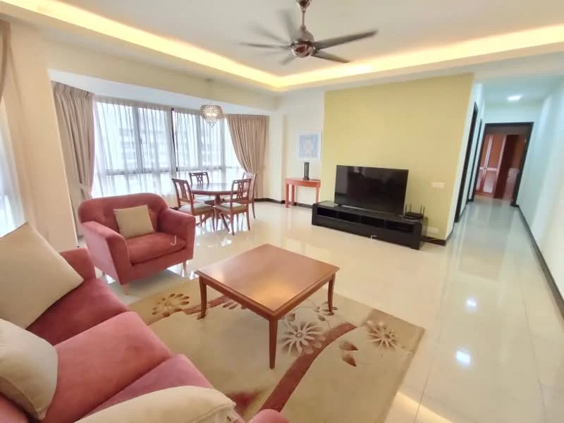 Living features: 3-seater fabric sofa in pink, 2-seater fabric sofa in cream, wood coffee table, area rug with floral pattern, wall-mounted TV, TV console in black, ceiling fan with light, floor-to-ceiling windows, curtains, dining table with 4 chairs, light fixtures, neutral wall color, tile flooring; style: modern; view: city. Room features: hallway leading to other rooms, doorway, light fixtures.