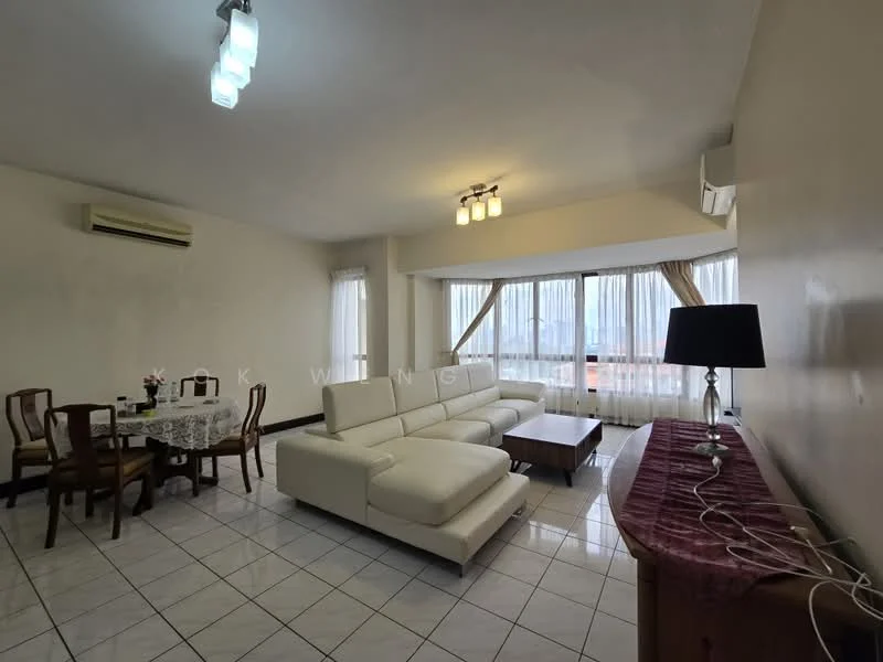 Living features: white leather sectional sofa, wood coffee table, dining table with lace tablecloth, 4 dining chairs, floor-to-ceiling windows, sheer curtains, wall-mounted air conditioning unit, recessed ceiling lights, tile flooring, decorative lamp, TV console; style: modern; view: city.