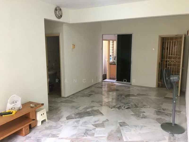 Room features: marble tile flooring, cream painted walls, ceiling fan, doorway leading to another room, doorway leading to a balcony, wall-mounted clock, wooden bench, standing fan.