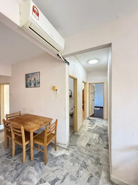 Dining features: wooden dining table, 4 wooden chairs, marble tile flooring, wall-mounted air conditioning unit, light fixture in ceiling, painted walls in light color, framed artwork on wall, doorway leading to hallway. Hallway features: painted walls in light color, doorway leading to bathroom, doorway leading to another room, light fixture in ceiling.