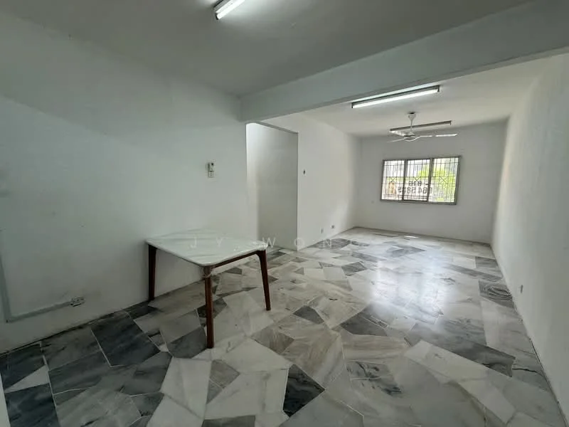 Room features: white painted walls, marble flooring with grey and white patterns, ceiling fan, large window with grid pattern, table, light fixtures on ceiling; style: minimalist; view: city.