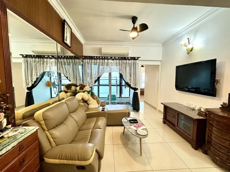 Living features: 3-seater leather sofa in beige, coffee table, wall-mounted TV, TV console, ceiling fan with light, mirror wall, curtains with floral pattern, tile flooring, air conditioning unit, decorative wall sconce, wooden side table, decorative items on console; style: modern.