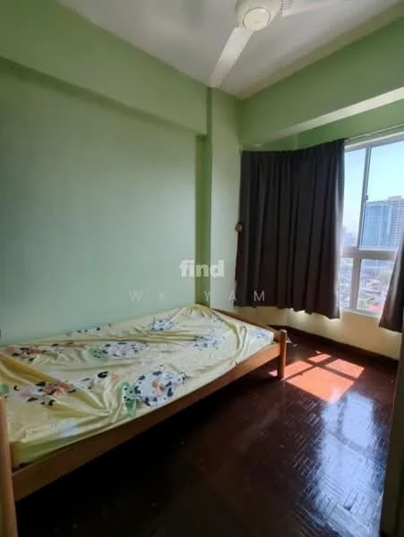 Bedroom features: green painted walls, wooden flooring, single bed, ceiling fan, floor-to-ceiling window, dark curtains, natural light, city view; view: city.