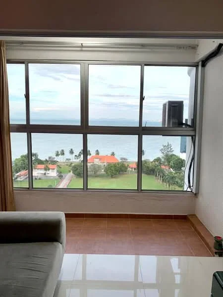 Room features: floor-to-ceiling windows, sea view, greenery view, curtains, tile flooring, air conditioning unit, light-colored walls, coffee table; style: modern; view: sea.