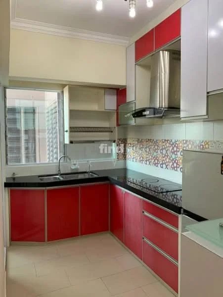 Kitchen features: red cabinetry, black countertop, stainless-steel range hood, built-in oven, 4-burner gas hob, single-bowl stainless-steel sink, chrome pull-down faucet, tile backsplash with colorful pattern, window with city view, light fixtures, cream painted walls, ceramic tile flooring; style: modern; view: city.
