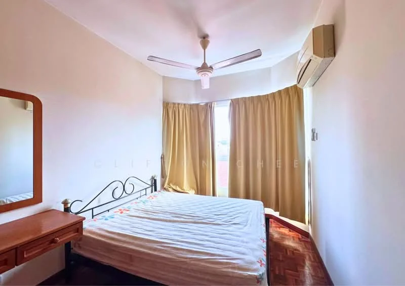 Bedroom features: queen-size bed, wooden headboard, 2 bedside lamps, dressing table with mirror, floor-to-ceiling windows, curtains, wall-mounted split AC, wooden flooring, ceiling fan with light.
