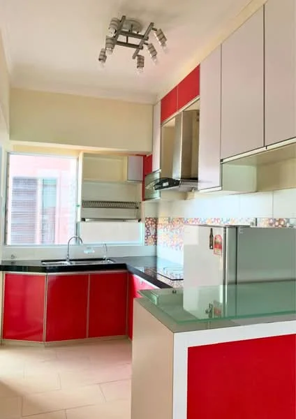 Kitchen features: red and white cabinetry, black countertop, stainless-steel sink, chrome pull-down faucet, built-in oven, stainless-steel range hood, ceramic tile flooring, recessed lighting, window with city view, open shelving, backsplash with colorful tiles; style: modern; view: city.