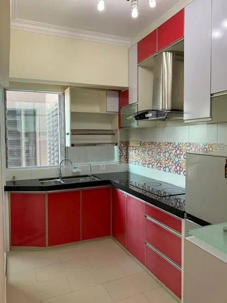 Kitchen features: red cabinetry with silver handles, black granite countertop, single-bowl stainless-steel sink, chrome pull-down faucet, built-in stainless-steel range hood, ceramic tile backsplash with colorful pattern, glass shelving, built-in oven, induction cooktop, window with city view, recessed downlights, cream painted walls, light-colored tile flooring; style: modern; view: city.
