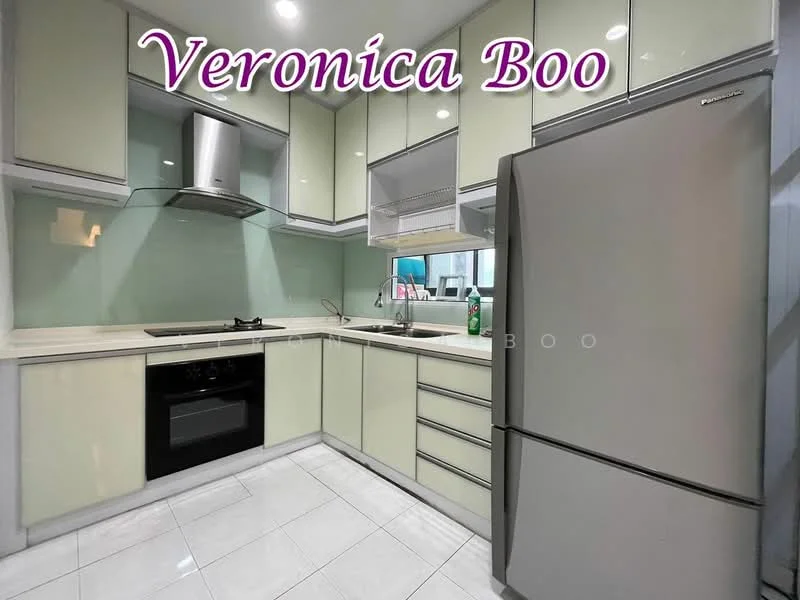 Kitchen features: light green cabinetry, white countertop, stainless-steel fridge, built-in oven, 4-burner gas hob, stainless-steel range hood, glass backsplash, white tiled flooring, under-cabinet lighting, single-bowl stainless-steel sink, chrome pull-down faucet; style: modern.