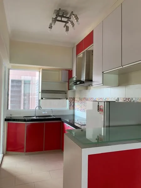 Kitchen features: red and white cabinetry, black granite countertop, stainless-steel sink, chrome pull-down faucet, built-in oven, stainless-steel range hood, ceramic tile flooring, recessed downlights, sliding glass door, decorative backsplash with colorful tiles, open shelving, kitchen island; style: modern.