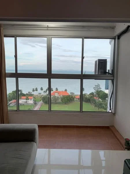 Room features: floor-to-ceiling windows, sea view, city view, curtains, air conditioning unit, tiled flooring, neutral wall color, sofa, coffee table; style: modern; view: sea.