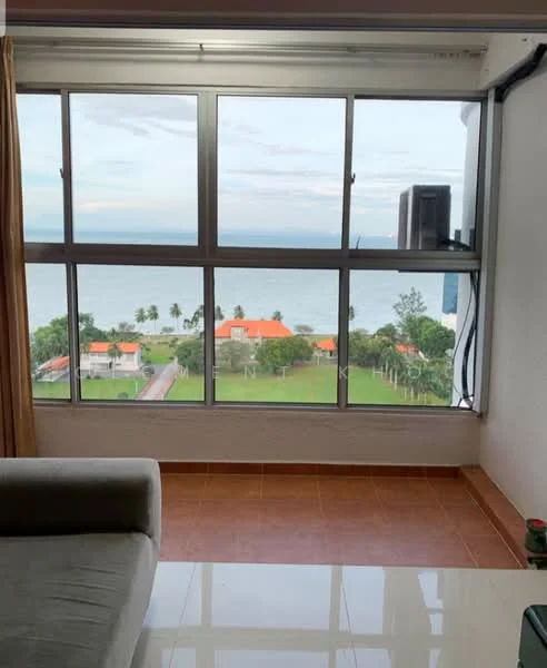 Room features: floor-to-ceiling windows, sea view, city view, curtains, tile flooring, air conditioning unit, neutral wall color, corner sofa, coffee table; style: modern; view: sea.