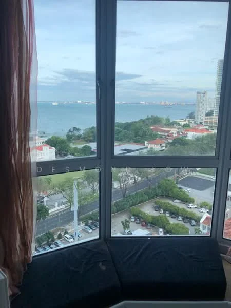 Room features: floor-to-ceiling windows, sea view, city view, curtains, corner seating area, carpeted flooring; style: modern; view: sea.