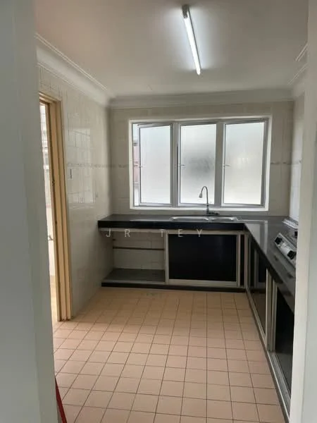 Kitchen features: white tiled walls, grey cabinetry, black countertop, single-bowl stainless-steel sink, chrome pull-down faucet, built-in washing machine, open shelving, tile flooring, window with frosted glass, fluorescent ceiling light.