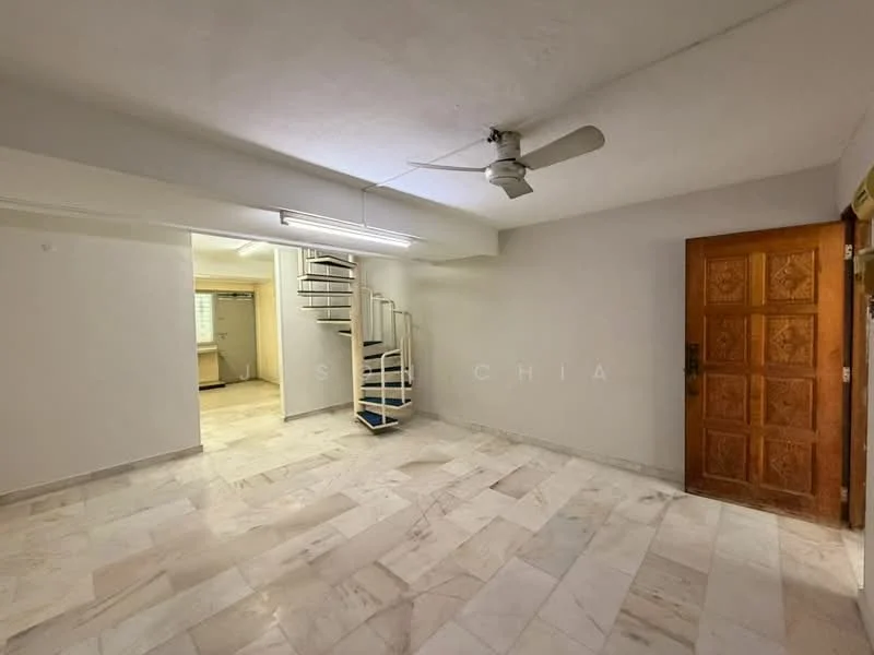 Room features: marble flooring, white painted walls, ceiling fan, spiral staircase, wooden door, recessed lighting, large windows, open layout; style: modern.