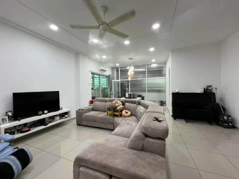Living features: L-shape sectional sofa in grey, wall-mounted TV, white TV console, ceiling fan, recessed LED downlights, large windows with green view, tile flooring, decorative items on console, piano, area rug; style: modern; view: garden.