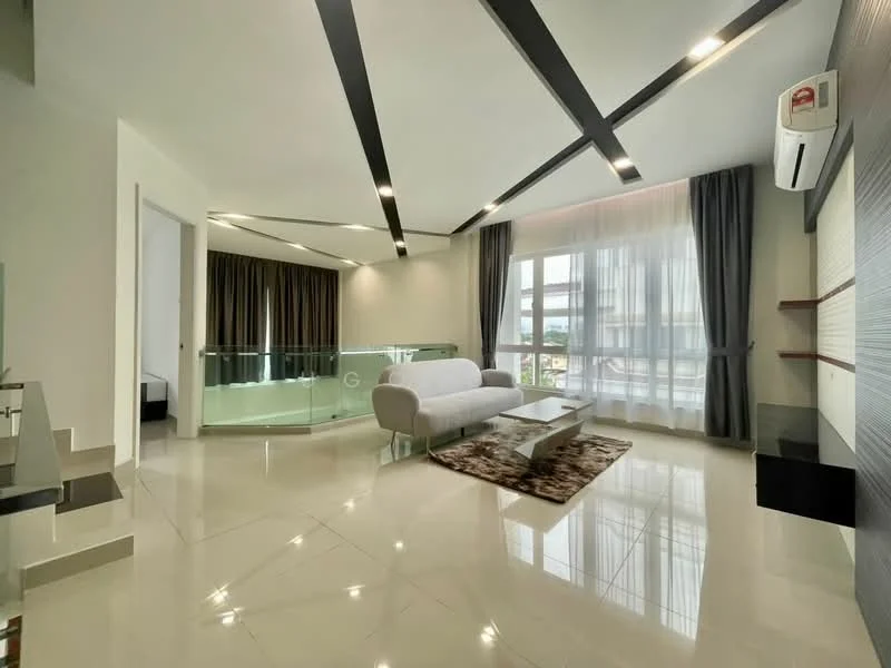 Living features: white painted walls, black ceiling beams, large floor-to-ceiling windows, grey fabric sofa, glass coffee table, area rug with geometric pattern, curtains in dark grey, marble tile flooring, wall-mounted air conditioning unit, decorative wall paneling; style: modern.
