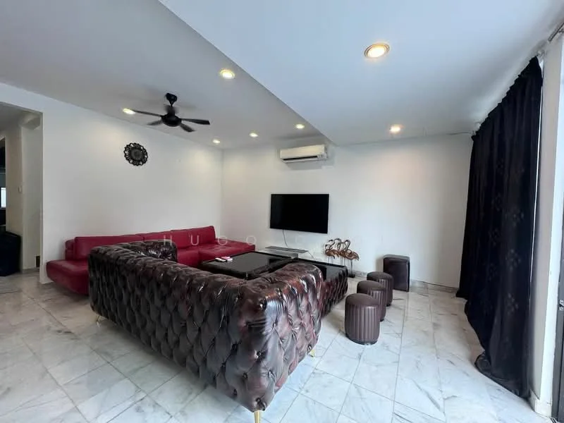 Living features: 3-seater red leather sofa, L-shape brown leather sectional sofa, black coffee table, 2 round brown stools, wall-mounted flat-screen TV, ceiling fan, recessed ceiling lights, white painted walls, marble flooring, black curtains; style: modern.