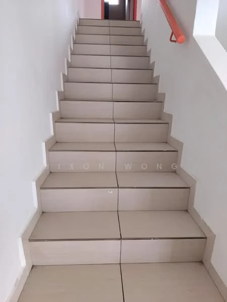 Room features: tiled flooring, white walls, orange handrail, staircase with risers, neutral color scheme; style: modern.