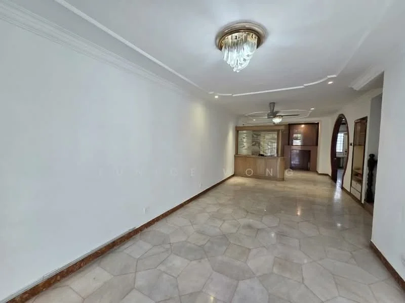 Living features: hexagonal marble flooring, white painted walls, crown moulding, 5-blade ceiling fan with light, recessed downlights, arched doorway, built-in cabinetry, open layout to kitchen, natural light from windows; style: modern.