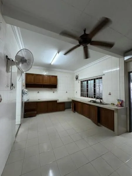 Kitchen features: white tiled walls, cream tiled flooring, wood cabinetry, single-bowl stainless-steel sink, chrome pull-down faucet, countertop with laminate finish, window with metal grille, ceiling fan, recessed lighting, kitchen appliances visible, open layout, wall-mounted fan; style: traditional.