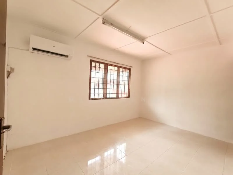 Room features: white painted walls, plain ceiling, 1 wall-mounted split AC, tile flooring, window with grid pattern, natural light from window, no visible furniture, neutral color scheme; style: minimalist.