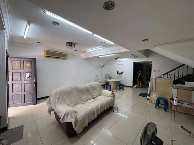 Living features: 3-seater fabric sofa in white, tile flooring, recessed downlights, wall-mounted split AC, ceiling rose, white painted walls, entrance door with decorative panels, coffee table, area rug, fan, staircase visible in background; style: modern. Room features: sink, mirror, dark flooring, doorway leading to another room.
