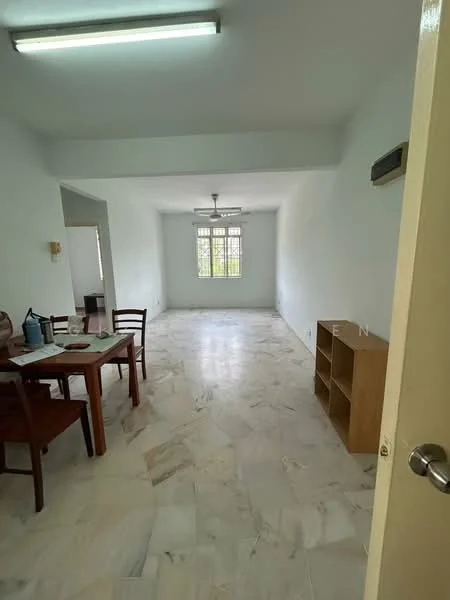 Living features: marble flooring, white painted walls, ceiling fan, window with multiple panes, dining table with chairs, wooden sideboard, air conditioning unit, natural light from windows.