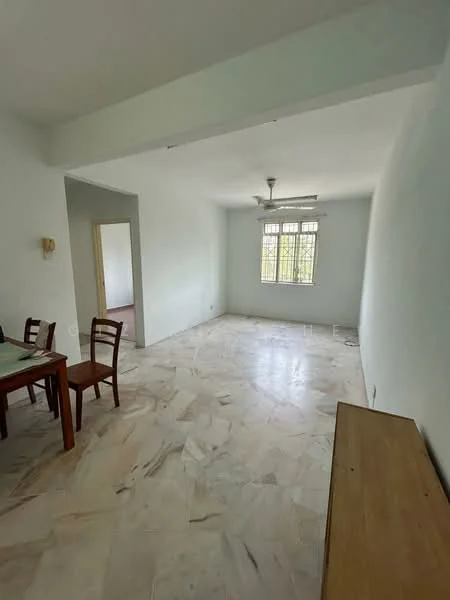 Living features: white painted walls, marble flooring, ceiling fan, large window with grid pattern, dining table with chairs, wooden sideboard, open layout, natural light.