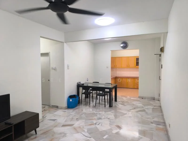 Living features: marble flooring, white painted walls, 5-blade ceiling fan, recessed ceiling light, TV console, wall-mounted TV, dining table with four chairs, open layout to kitchen; style: modern. Kitchen features: yellow cabinetry, countertop, wall clock, open layout to living area; style: modern.